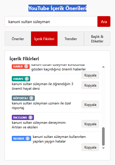 YouTube İçerik Önerileri – AI Destekli Video Fikirleri &amp; Strateji Aracı